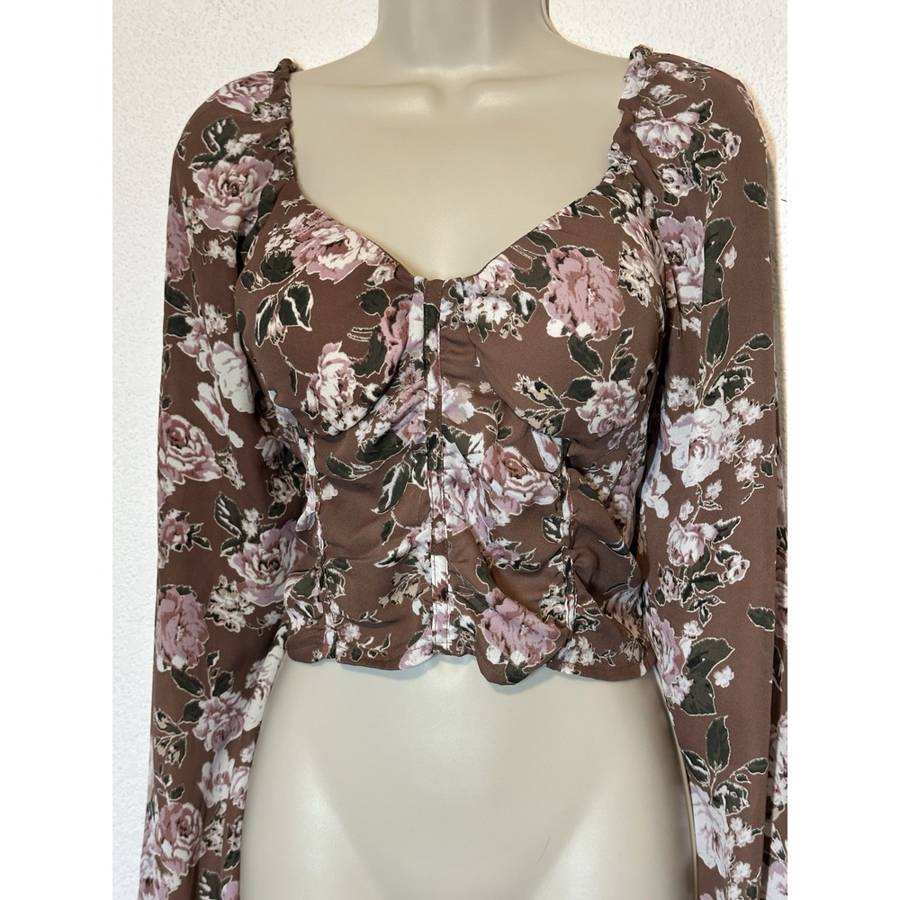 Madden NYC XXL Brown Floral Long Sleeve Smocked Back Crop Top Sweetheart Cottage